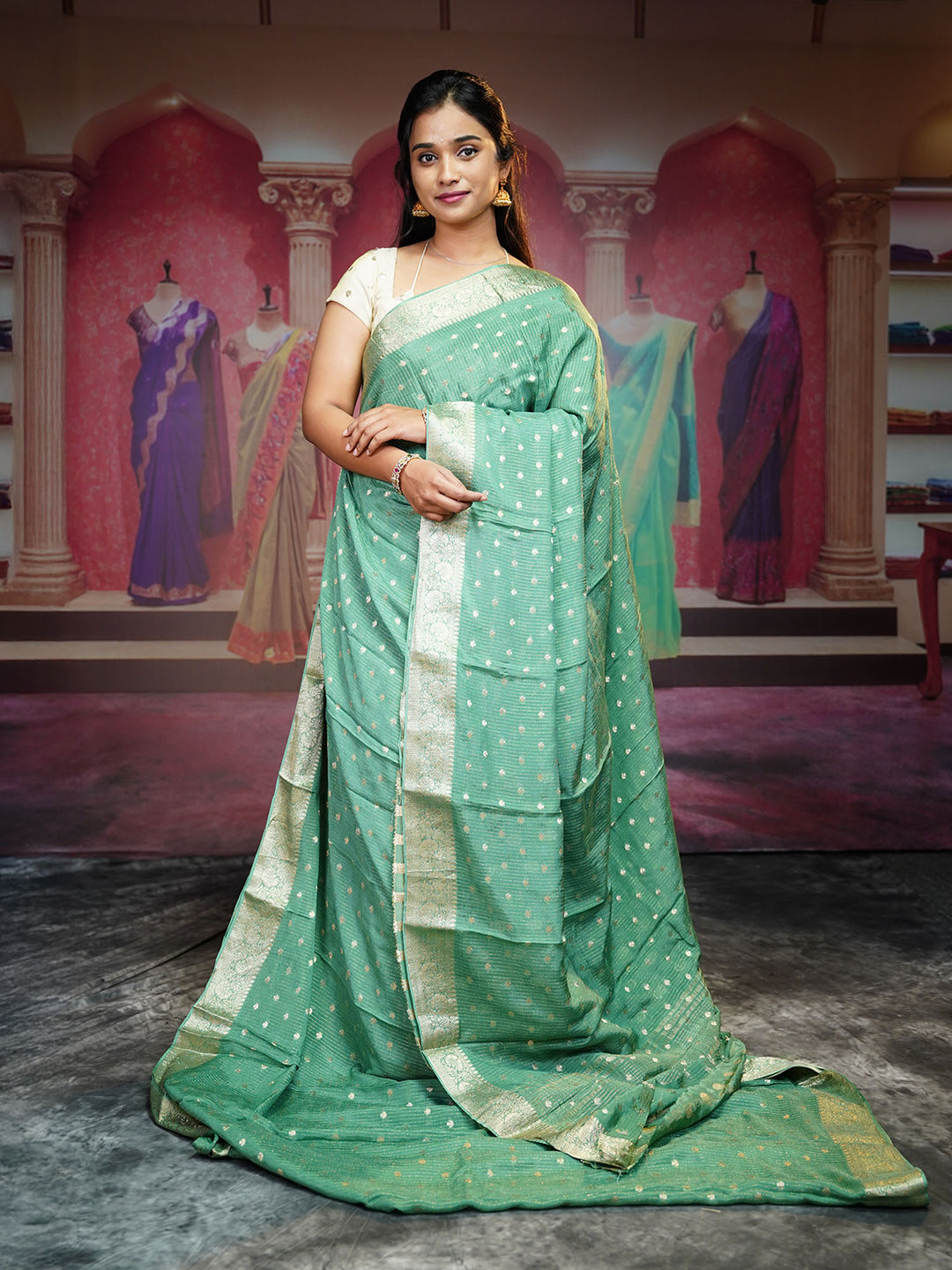 Korean Crepe Saree With Golden Buttis & Border - Green