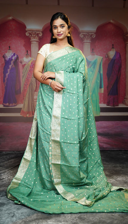 Korean Crepe Saree With Golden Buttis & Border - Green
