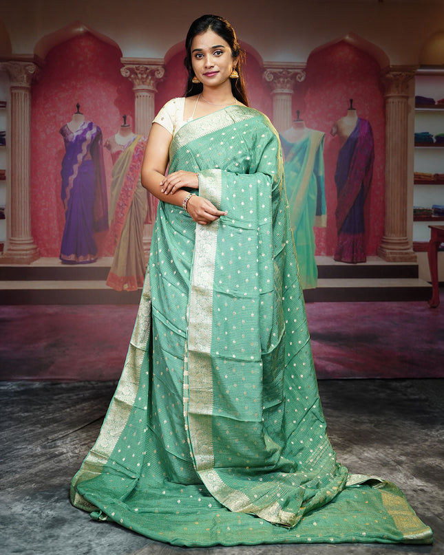 Korean Crepe Saree With Golden Buttis & Border - Green