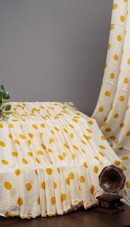 Chinnon Crape Polki Dots Printed with Pearl Work Border