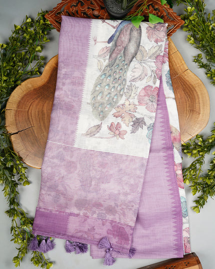 Linen Silk Saree with Floral Print and Contrast Border - Lavender