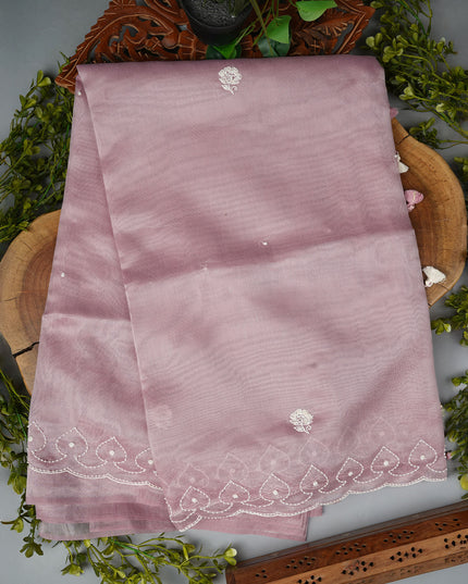 Tissue Linen Saree and Scallop Border and Peral Work -Light Lavender