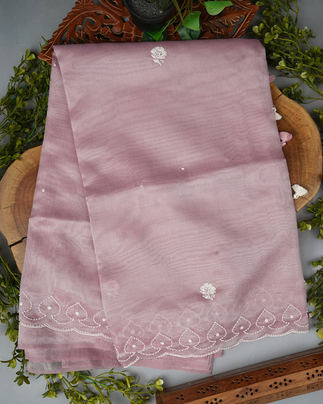 Tissue Linen Saree and Scallop Border and Peral Work -Light Lavender