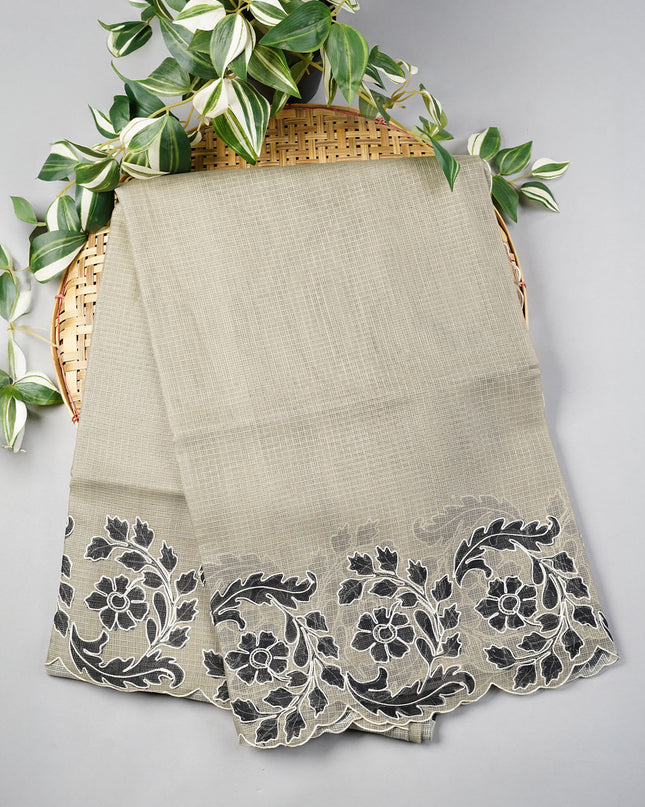 Kota Silk Saree With Floral Print & Ari Work Scallop Border - Mehndi