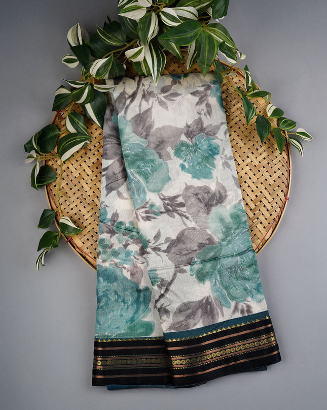 Managalagiri Silk Saree with Floral Print and Silk Saree- Sea Blue