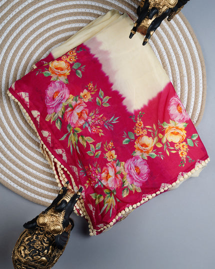 Russian crape saree with floral print and lace border  - Half White