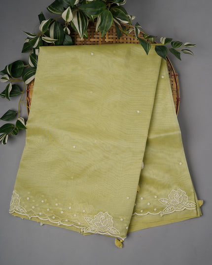 Tissue Linen Saree With Scallop Border With Pearl Work - P Green