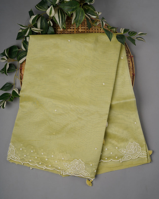 Tissue Linen Saree With Scallop Border With Pearl Work - P Green