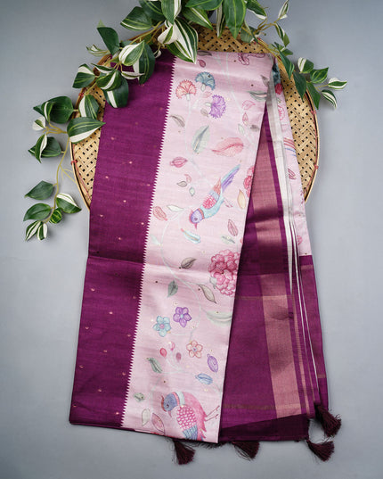 Tusser Silk Saree Floral Print with Contrast Border- Light Pink