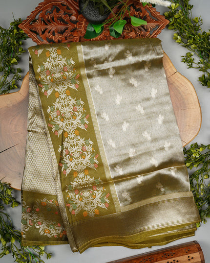 Tissue Banarasi Silk Saree with Gold Zari Butties and Meenakshi Border- Mehandi