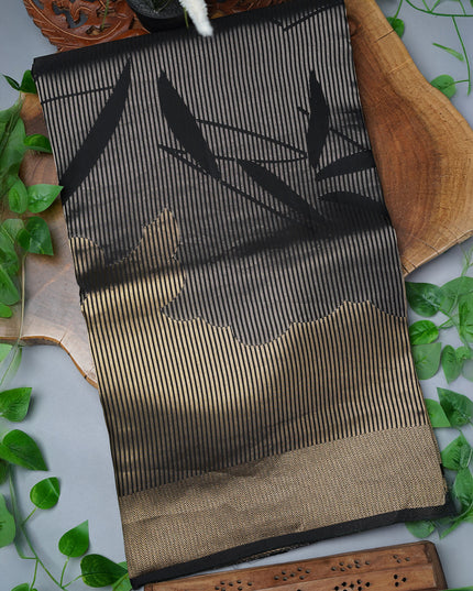 Banarasi Silk Saree with Golden Zari Stripes and Gold Zari Border- Black