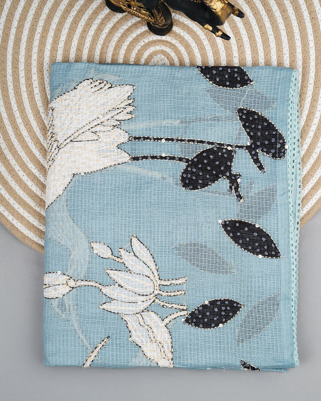 Kota saree digital print  with knot work and lace border - Blue