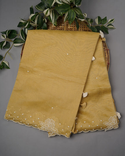 Tissue Linen Saree With Scallop Border With Pearl Work - Light Yellow
