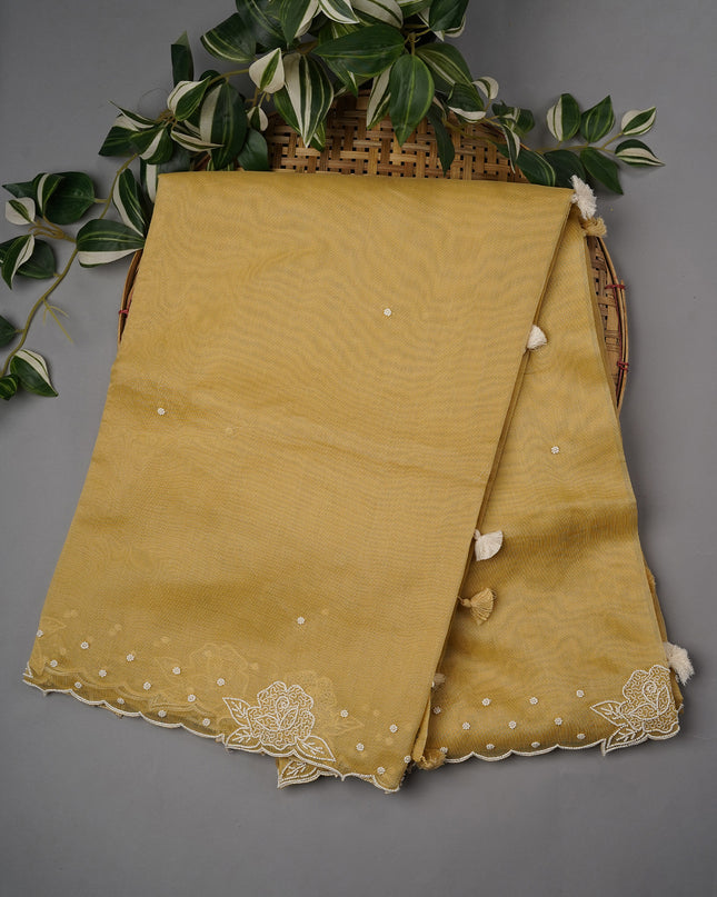 Tissue Linen Saree With Scallop Border With Pearl Work - Light Yellow