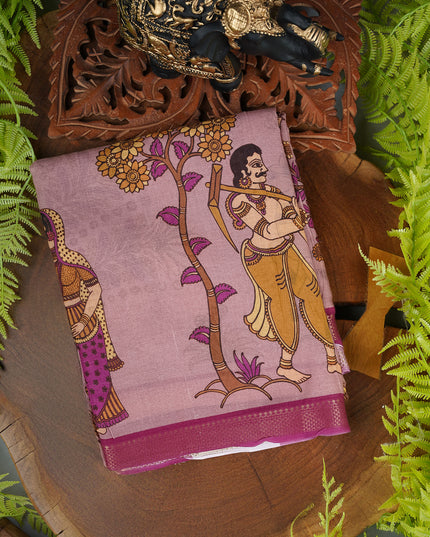 Muslin Silk With Kalamkari Print and zari Border - L Pink