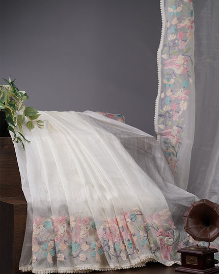 Soft Tissue Organza Silk with Multicolor Thread Embroidery Border