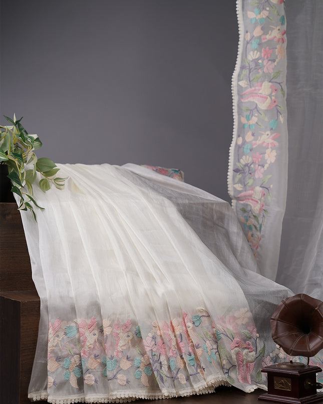Soft Tissue Organza Silk with Multicolor Thread Embroidery Border