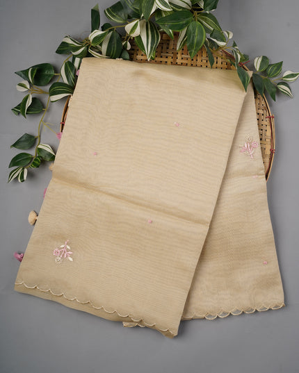 Tissue Linen Saree With Thread Knot Work Butties With Scallop Border - Beige