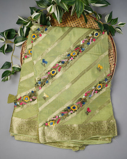 Crepe Saree with Thread Embroidery Work with Banaras Border- Green