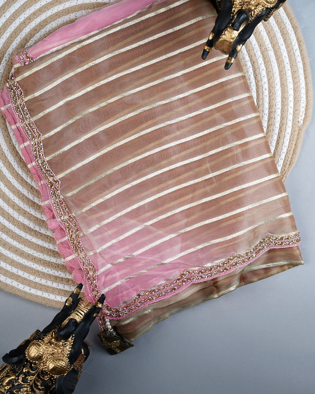 Soft Organza Silk with Zari Weaving Lines and Handwork Border - Baby Pink