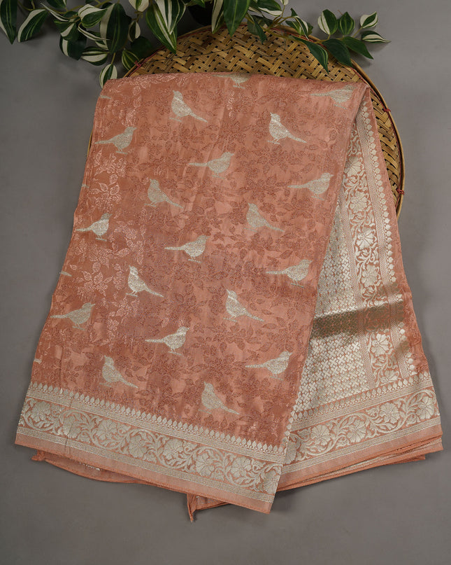 Tissue Banarasi Silk with All Over Self Weaving with Light Gold Zari Border - Peach