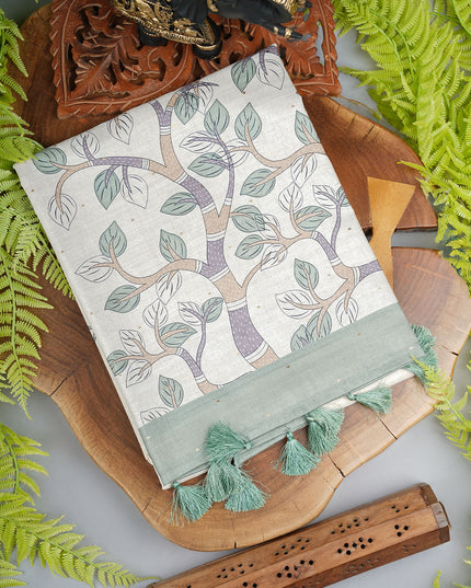 Tussar silk saree with Allover Digital Print Mukesh Work - C & Green