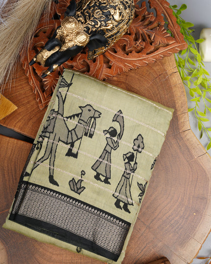 Munga Silk Saree With Golden Zari Border - Green