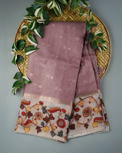 Tissue Kota Saree with Gold Butties and Contrast Floral Print Border- Onion Pink