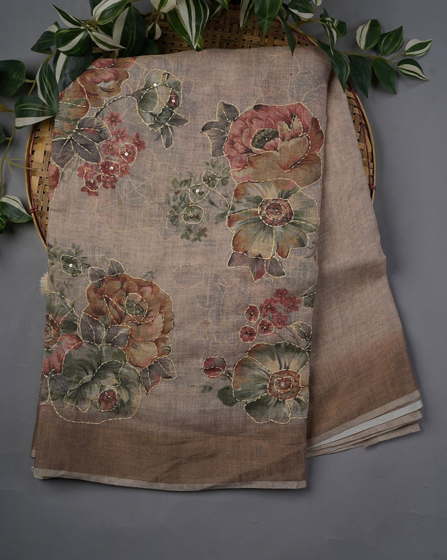 Tissue Linen Saree With Floral Print And Kantha Work And Golden Zari Border - Beige