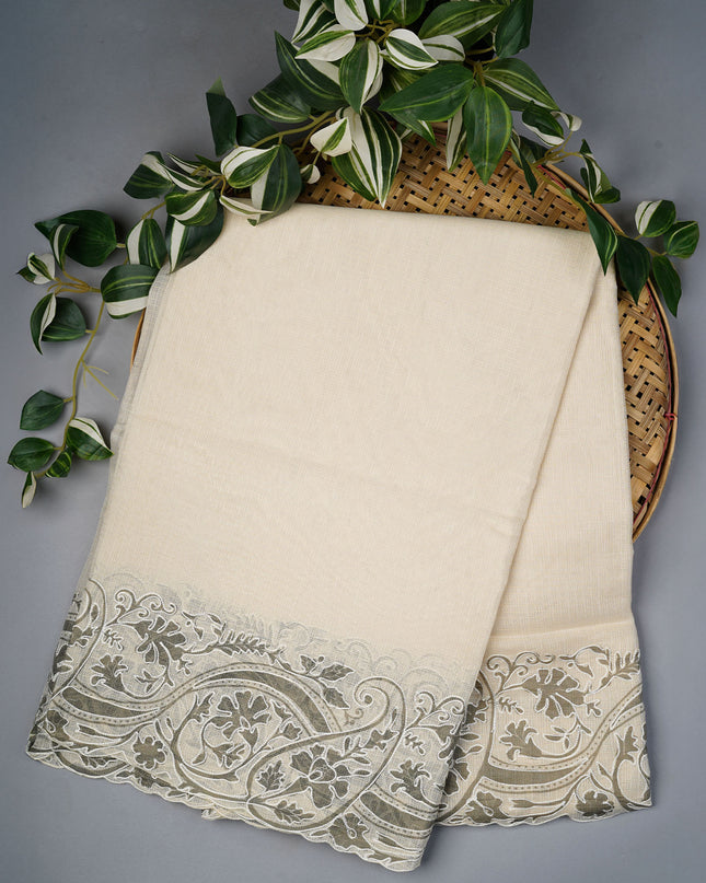 Kota Silk Saree with Thread Embroidery With Scallop Border - Cream & Green