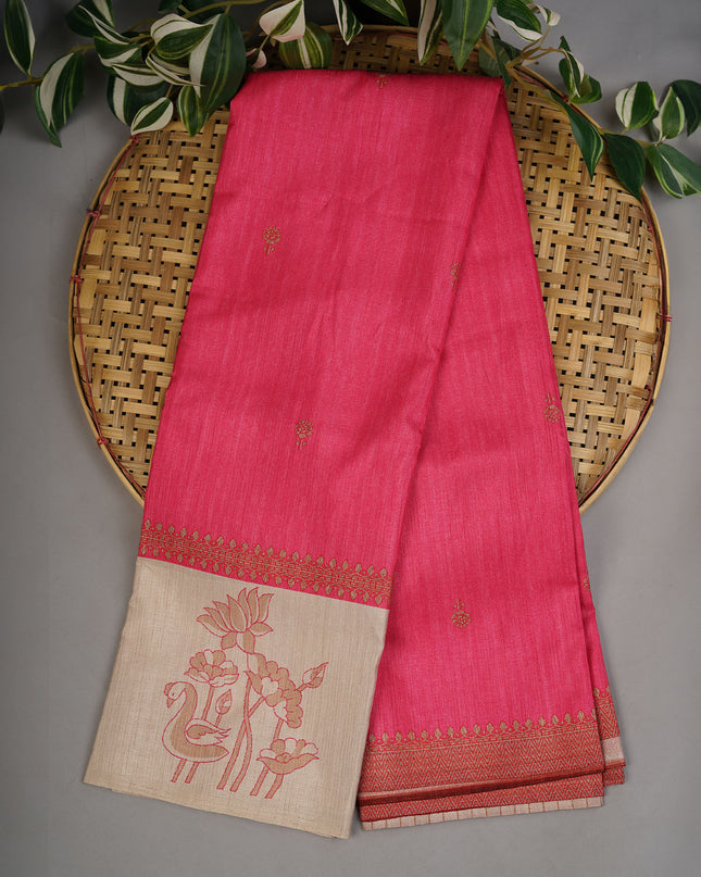 Semi Tusser Silk Digital Print Contrast Border - Pink