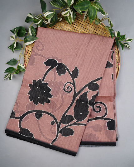 Kota Silk Floral Print Ari Work With Lace Border - Brown