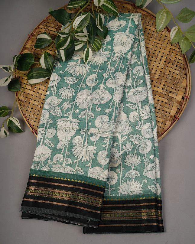 Mangalagiri Silk Digital Print Contrast Border - Sea Green