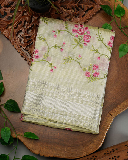 Managalagiri Silk Saree with Thread Embroidery Butties and Silver Border- Cream