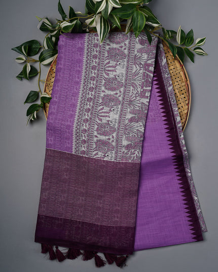 Lenin Silk with Madhubani Print with Contrast Border- Lavender
