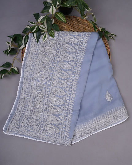 Soft Tissue Organza Silk with Kantha Work Lace Border - Sky Blue