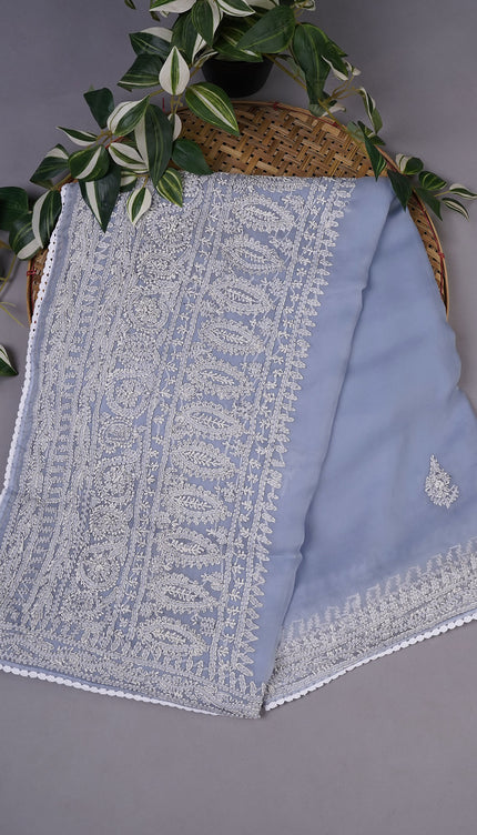 Soft Tissue Organza Silk with Kantha Work Lace Border - Sky Blue