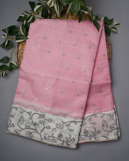 Silk Kota Saree With Gold Butties And Contrast Border With Thread Work - Baby Pink