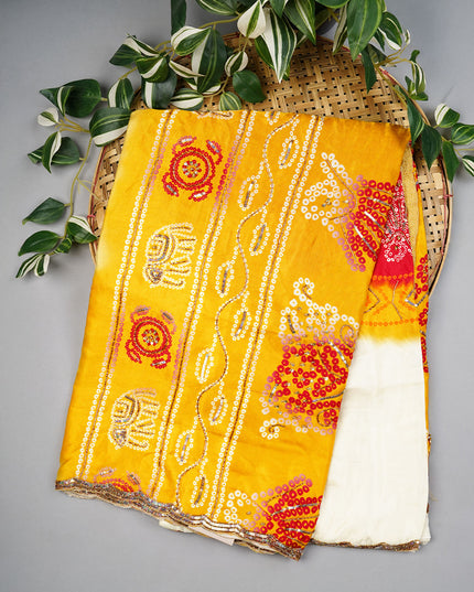 Satin Silk Saree With Kardhana Sequence Work & Scallop Border - Yellow