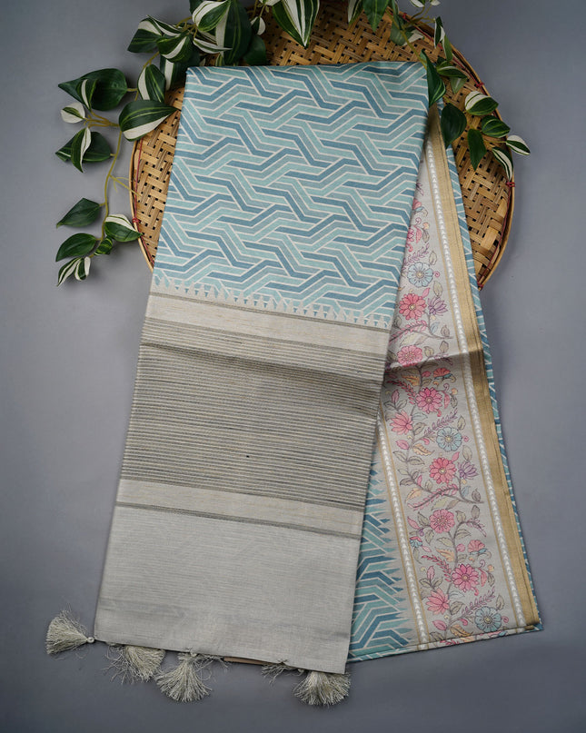 Tusser Silk Saree With Floral Print Border - Blue