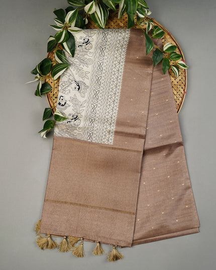 Tusser Silk Saree with Madhubani Print with gold Zari Border- Beige