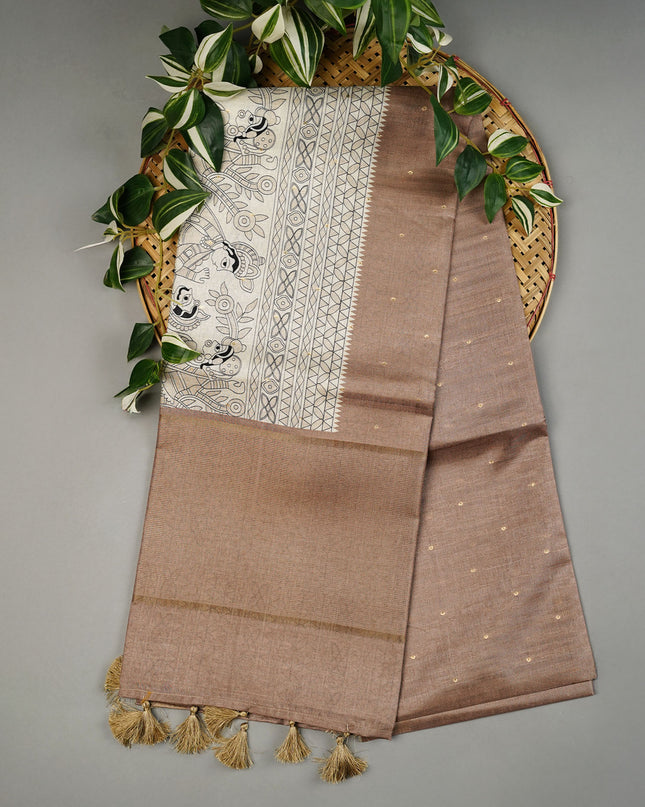 Tusser Silk Saree with Madhubani Print with gold Zari Border- Beige