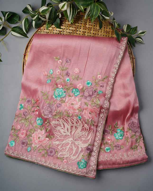 Tissue Georgette With thread Embroidery Work And Border - Pink
