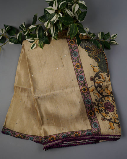 Crepe Tissue Saree With Kalamkari Pallu Mirror Work & Scallop Border - Beige