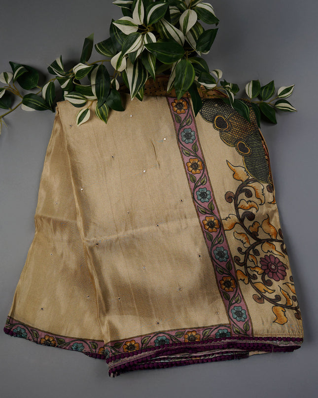 Crepe Tissue Saree With Kalamkari Pallu Mirror Work & Scallop Border - Beige