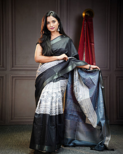 Tussar silk saree with madhubani print zari border - Black