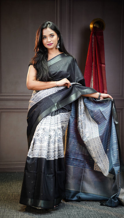 Tussar silk saree with madhubani print zari border - Black