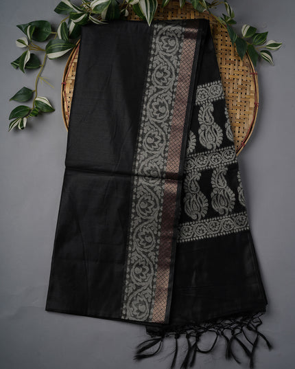 Chanderi Silk With Thread Weaving Golden Border - Black