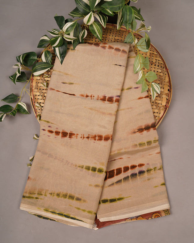 Russian Crape Shibori Print Kalamkari Pallu - Cream & Brown