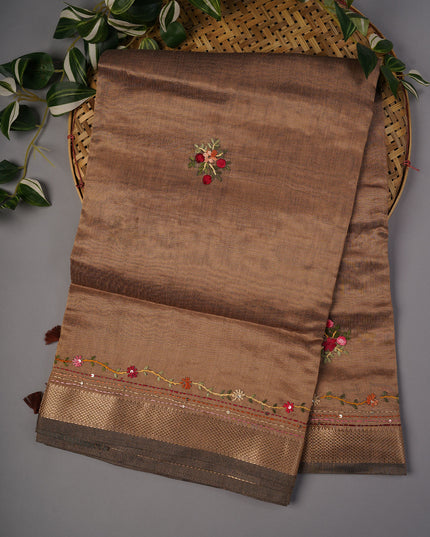 Tissue Chanderi Silk,Kanta Work With Zari Border - Brown